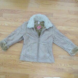FADED GLORY GIRL'S SIZE L (10-12) COAT TAN FAUX SUEDE FAUX FUR LINED JACKET NWT